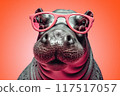funny portrait of hippo in sunglasses on vibrant orange background 117517057