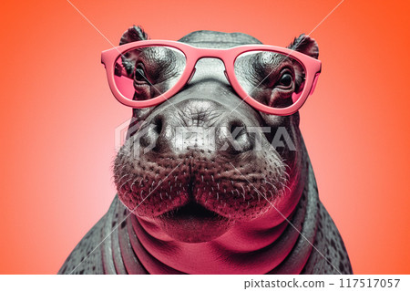 funny portrait of hippo in sunglasses on vibrant orange background 117517057