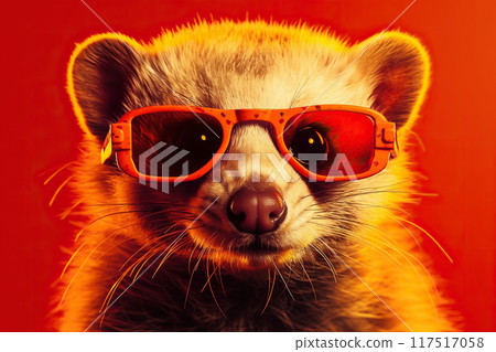 funny portrait of meerkat in sunglasses on vibrant background 117517058