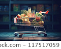 Cart full of groceries in a supermarket 117517059
