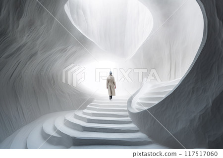 person in white climbs a mysterious staircase 117517060
