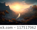 Mystical sunset over deep, shadowy valley 117517062