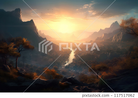 Mystical sunset over deep, shadowy valley 117517062