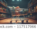 Cart full of groceries in blurry supermarket 117517066