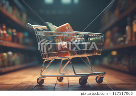 Cart full of groceries in blurry supermarket 117517066