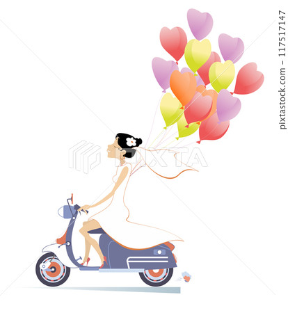 Pretty bride with air balloons rides on the scooter. Pretty bride in the white dress and wedding veil rides on the scooter with a lot of air balloons. Isolated on white 117517147
