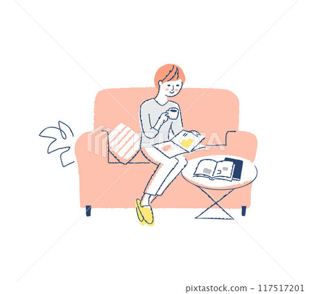 一個女人坐在沙發上看雜誌喝咖啡 117517201