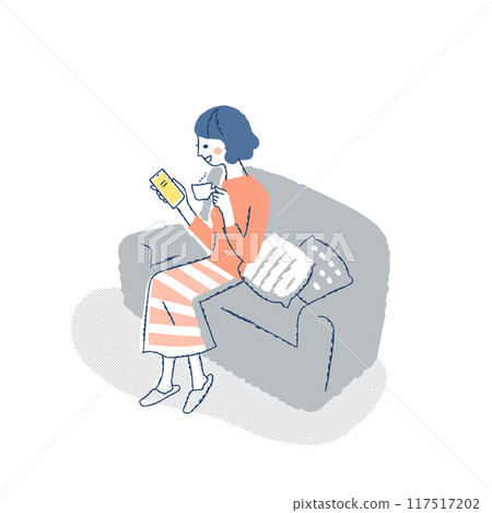 Smiling woman sitting on sofa and looking at smartphone Smiling woman sitting on sofa and looking at smartphone 117517202