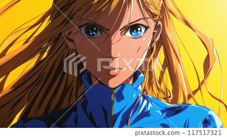 A determined anime character with intense blue eyes and flowing blonde hair stands against a vibrant yellow background 117517321