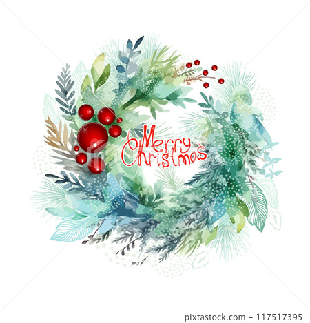 New year and Merry Christmas wreath beautiful. hand drawing. Christmas card. Not AI, Vector illustrations. New year and Merry Christmas wreath beautiful. hand drawing. Christmas card. Not AI, Vector illustrations. 117517395