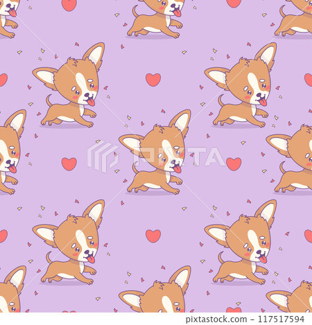 Seamless pattern with dog on purple background with hearts. Funny cartoon kawaii pet character. Vector illustration . 117517594