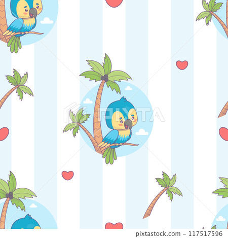 Seamless pattern with cute blue parrot with tropical palm trees on striped background. Funny cartoon kawaii bird character. Vector illustration. Kids collection. 117517596
