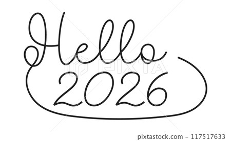 Calligraphic inscription word Hello 2026 as continuous line drawing Calligraphic inscription word Hello 2026 as continuous line drawing 117517633