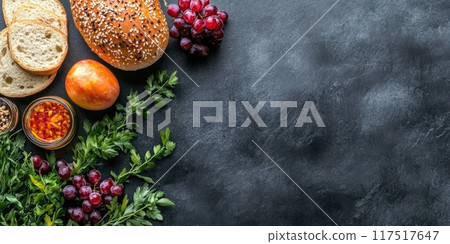 Yom kippur festive background with traditional foods and copy space for design 117517647