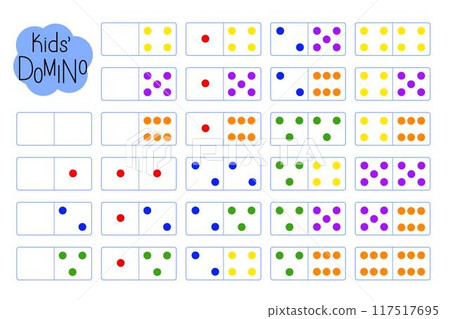 Domino for kids, learning counting, fun educational activity for logic thinking development, bright multi-colored dots illustration printable worksheet for group board game, teacher resources 117517695