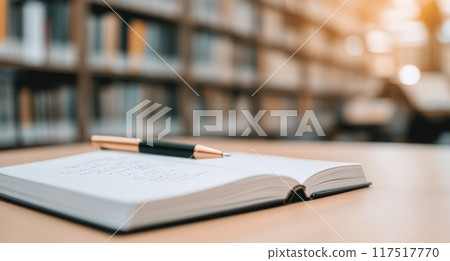 Notebook and pen on a desk in a quiet library during daylight hours 117517770