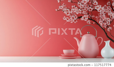 Elegant pink tea set with cherry blossom branch on a pastel background 117517774
