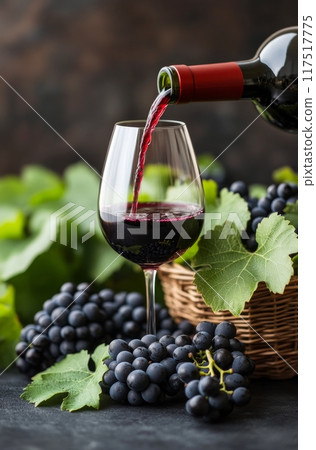 Pouring red wine into a glass with fresh grapes on a rustic wooden table 117517775