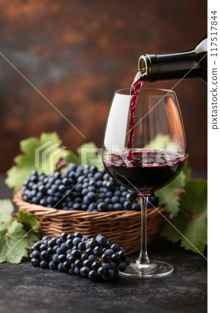 Pouring red wine into a glass with fresh grapes on a rustic wooden table 117517844
