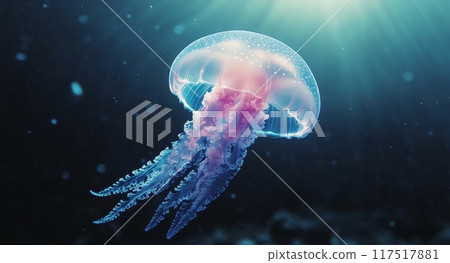 Ethereal jellyfish gliding in deep blue water illuminated by soft light 117517881