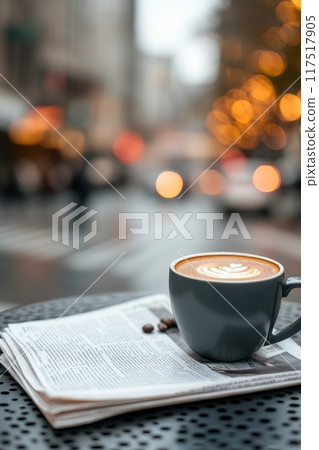 Coffee cup resting on a newspaper at a busy street cafe on a rainy day 117517905