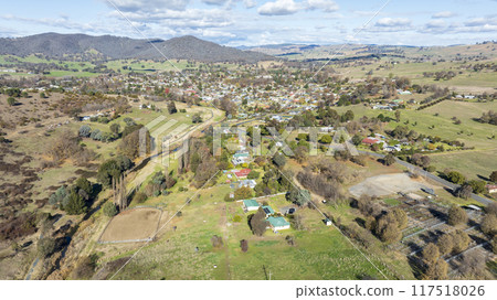 Scenic aerial view of a historic gold rush town in the Snowy Mountains Scenic aerial view of a historic gold rush town in the Snowy Mountains 117518026