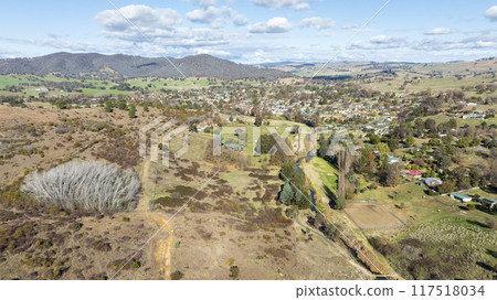 Scenic aerial view of a historic gold rush town in the Snowy Mountains Scenic aerial view of a historic gold rush town in the Snowy Mountains 117518034