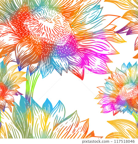 Colored flower seamless background. hand drawing. Not AI, Vector illustration 117518046