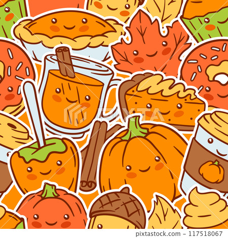 Autumn kawaii pattern. Happy Thanksgiving Day and Halloween traditional cute symbols. Autumn kawaii pattern. Happy Thanksgiving Day and Halloween traditional cute symbols. 117518067