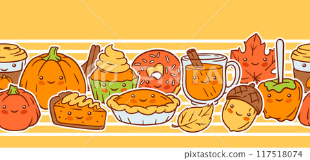 Autumn kawaii pattern. Happy Thanksgiving Day and Halloween traditional cute symbols. Autumn kawaii pattern. Happy Thanksgiving Day and Halloween traditional cute symbols. 117518074