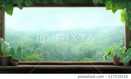 Lush green mountain view framed by a wooden window with potted plants 117518316