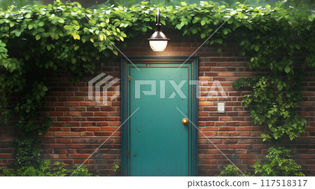 Green wooden door with a light, framed by ivy on a brick wall 117518317