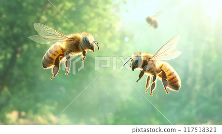 Close-up of honeybees flying in a sunlit forest 117518321