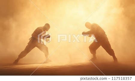 Two boxers in a dramatic face-off stance, surrounded by thick fog and warm light Two boxers in a dramatic face-off stance, surrounded by thick fog and warm light 117518357