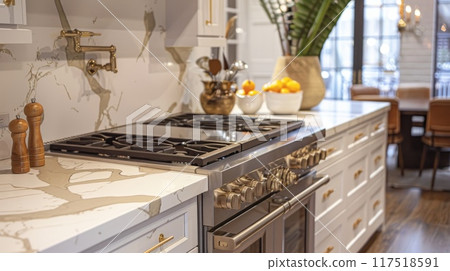 A stylish kitchen in Chicago with gold hardware, stainless steel appliances, and white marbled granite counters, generated AI A stylish kitchen in Chicago with gold hardware, stainless steel appliances, and white marbled granite counters, generated AI 117518591