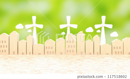 The Eco fan wind and house wood for generator electric for energy or ecology concept 3d rendering. The Eco fan wind and house wood for generator electric for energy or ecology concept 3d rendering. 117518602