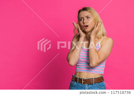 Sad young woman loses becoming surprised by lottery results bad fortune loss unlucky fortune news Sad young woman loses becoming surprised by lottery results bad fortune loss unlucky fortune news 117518736