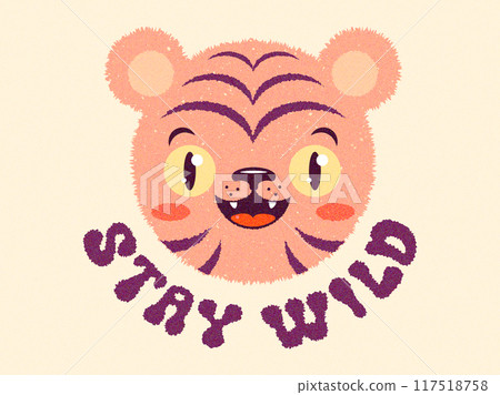 Kids poster of a head tiger and typography "stay wild".  Vintage poster of cute kawaii tiger emoji. Stay wild kids poster. 117518758