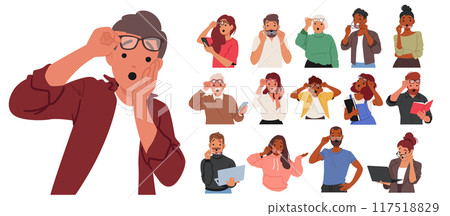 Collection Of Characters Showcasing Expressions Of Surprise And Shock In Different Scenarios and Unexpected Situations 117518829