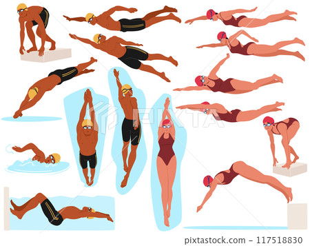 Male And Female Swimmers In Different Swimming And Diving Poses. Cartoon Vector Illustration Highlights The Athleticism 117518830