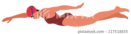 Swimmer Woman Wearing A Cap And Goggles, Performing The Butterfly Stroke, Depicted In Mid-motion, Showcasing Strength 117518835
