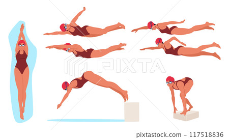 Vector Illustration Showing Various Stages Of Female Swimmer Diving Into The Water. Swimmer Depicted In Multiple Poses 117518836