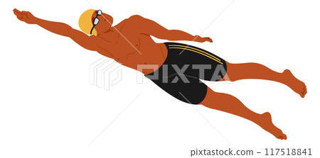Swimmer Performing A Freestyle Stroke Underwater. Male Athlete Wears Swim Goggles And A Cap, Showcasing Athleticism 117518841