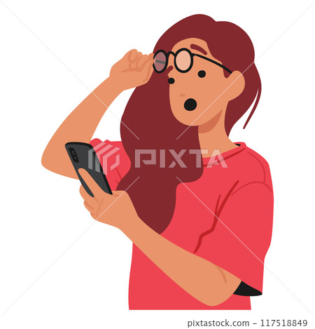 Woman In A Red Shirt Holding Smartphone With Surprised Expression. She Is Adjusting Her Glasses While Looking At Screen Woman In A Red Shirt Holding Smartphone With Surprised Expression. She Is Adjusting Her Glasses While Looking At Screen 117518849