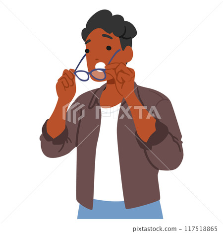 Surprised Black Male Character Holding Glasses With Open Mouth. Black Man Expresses A Moment Of Amazement or Shock 117518865