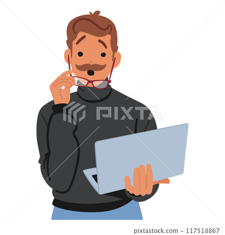 Surprised Man With Glasses Holding Laptop. Cartoon Vector Illustration Conveys Shock, Discovery Or Unexpected Situation 117518867