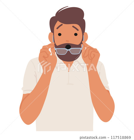 Surprised Man Adjusting His Glasses While Wearing Casual Attire. Character Portrays A Mix Of Curiosity And Shock Surprised Man Adjusting His Glasses While Wearing Casual Attire. Character Portrays A Mix Of Curiosity And Shock 117518869