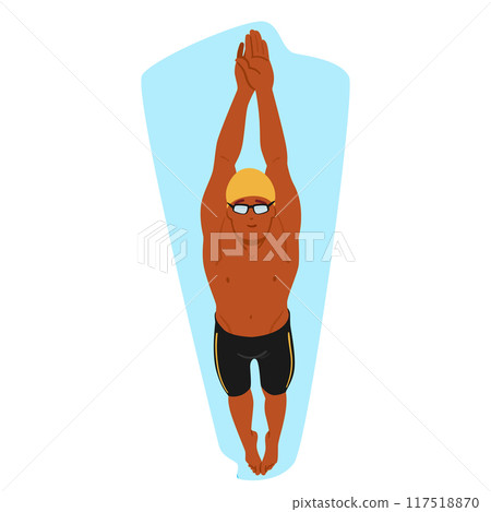 Swimmer Diving Into A Pool, Wearing Goggles And A Swim Cap. Image Captures The Essence Of Competitive Swimming Swimmer Diving Into A Pool, Wearing Goggles And A Swim Cap. Image Captures The Essence Of Competitive Swimming 117518870