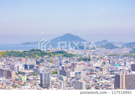 Matsuyama Castle, one of Japan's 100 famous castles, Matsuyama City, Ehime Prefecture. View from the main tower. 117518991