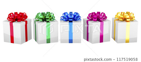 Row from Gift Boxes with colored bows and ribbons, 3D rendering 117519058